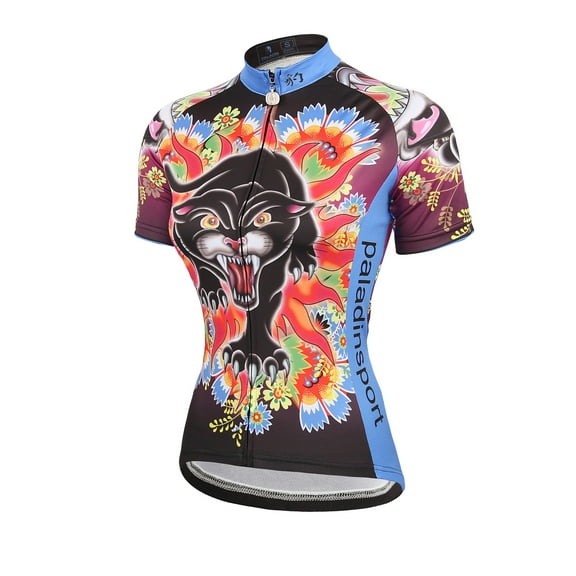 Wenseny Womens Cycling Jersey Short Sleeves Leopard Print Bike Shirt M