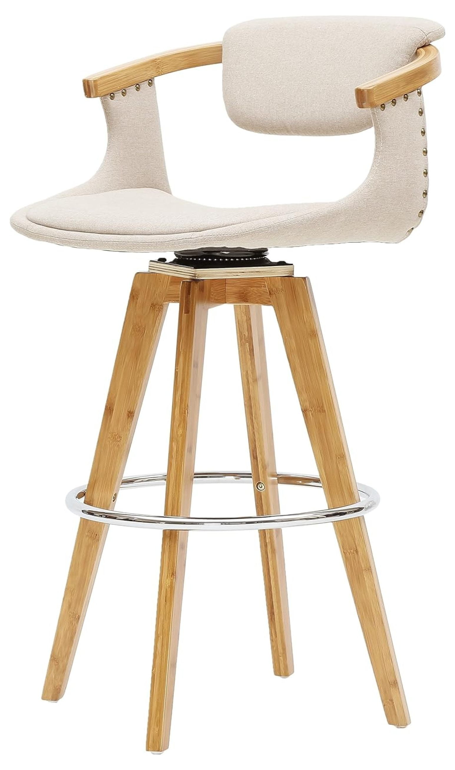 Darwin Beige Swivel Bamboo Counter Stool with Linen Upholstery