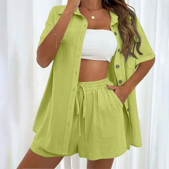 Wensltd 2 Piece Outfits for Women Casual Beach Vacation Lapel Tops and Short