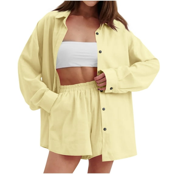 Wensltd 2 Piece Sets for Women Summer Travel Outfits Long Sleeve Shorts Set with Pockets