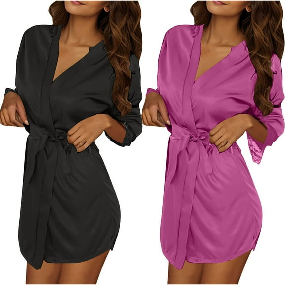 Wensltd 2PC Women Bathrobe Stylish Solid Color Lace Trim Robe Relaxed Fit Sleepwear All Season Home Wear