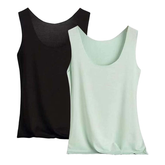 Wensltd 2PC Women Comfortable Sleeveless Tank Top 2 Piece Solid Color U Neck With Inner Top Soft Breathable Daily Home Wear All Season Green