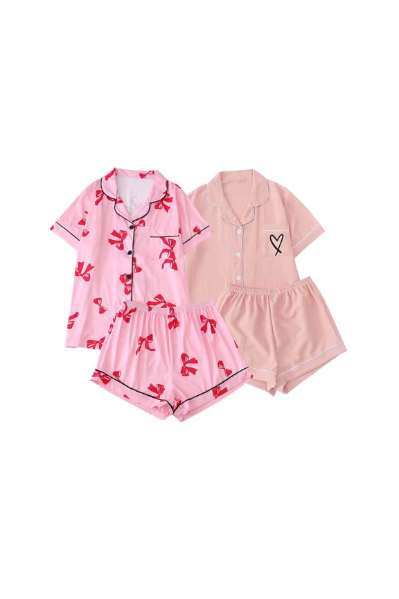 2PC Women Notch Collar Short Sleeve Two Piece Home Outfit Bow Heart Print Soft Lightweight Comfy Loose Pajama Set