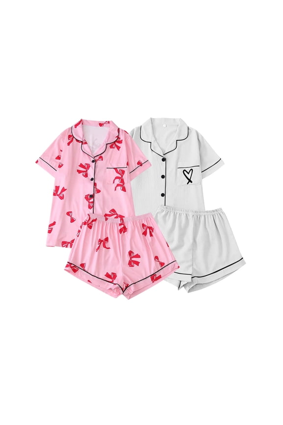 2PC Women Notch Collar Short Sleeve Two Piece Home Outfit Bow Heart Print Soft Lightweight Comfy Loose Pajama Set