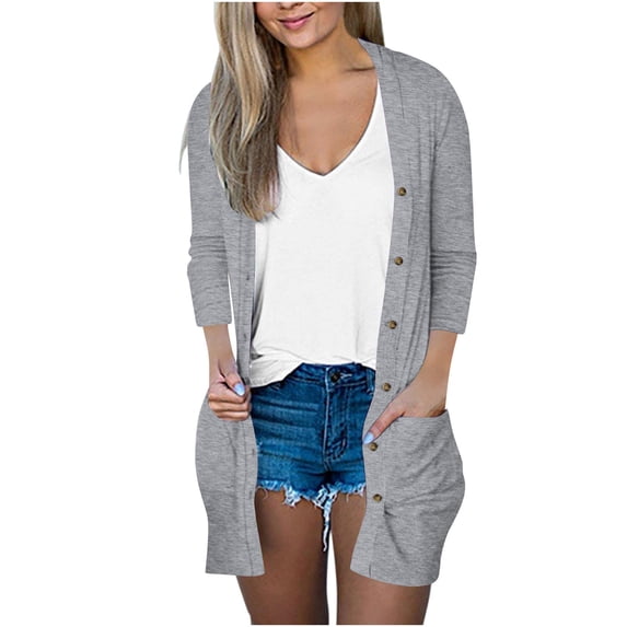 Wensltd 3/4 Sleeve Cardigan for Women Loose Casual Button Tops Blouse Solid Color