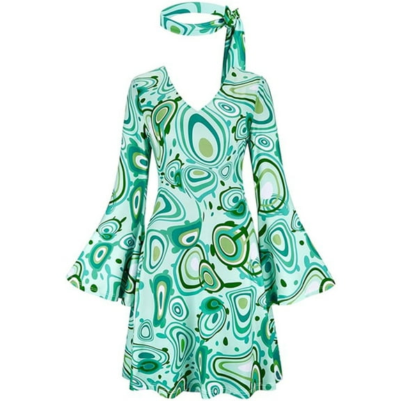 Wensltd 70s Disco Outfit Women Halloween Dress Costume Hippie Clothes Long Sleeve V Neck