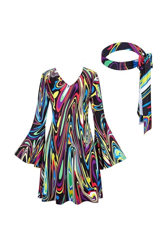 70s Disco Outfit Women Halloween Dress Costume Hippie Clothes Long Sleeve V Neck