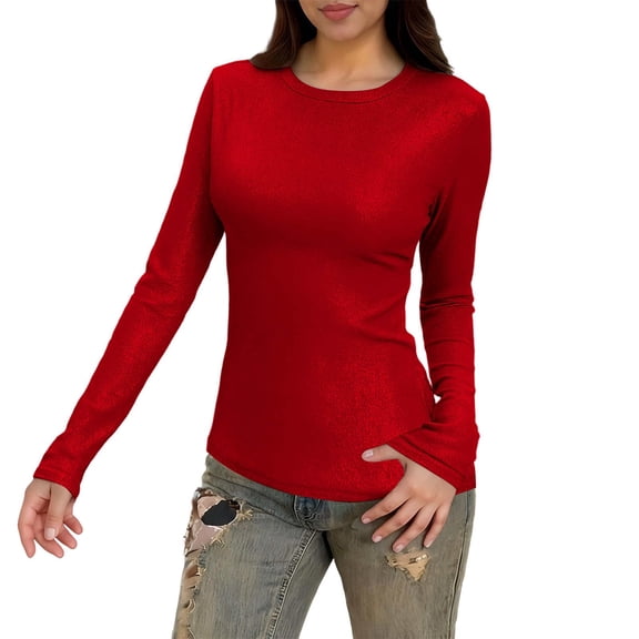 Wensltd Base Layer Top Womens Round Neck Long Sleeve Shirt Solid Color Casual Comfortable Spring and Fall Women Top
