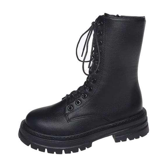 Wensltd Black Boots for Women Wide Calf Round Toe Front Lace Up Fashion Thick Bottom Boots