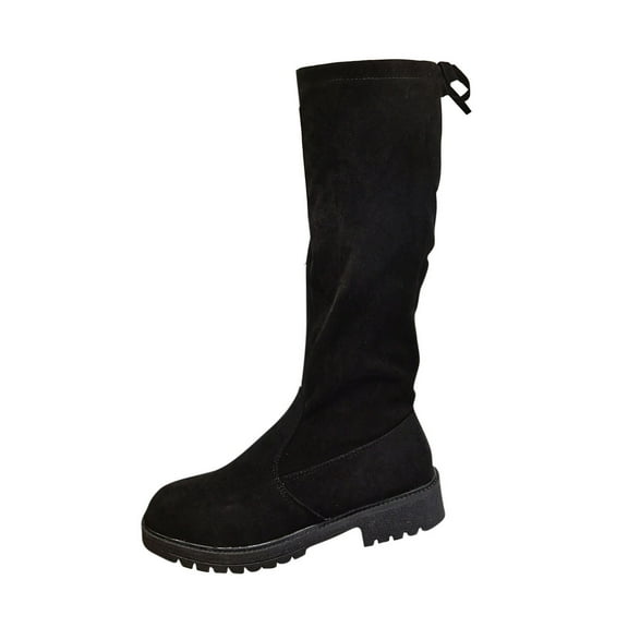Wensltd Black Knee High Boots for Women Wide Calf Comfortable Round Toe Casual Winter Boots with Side Zipper