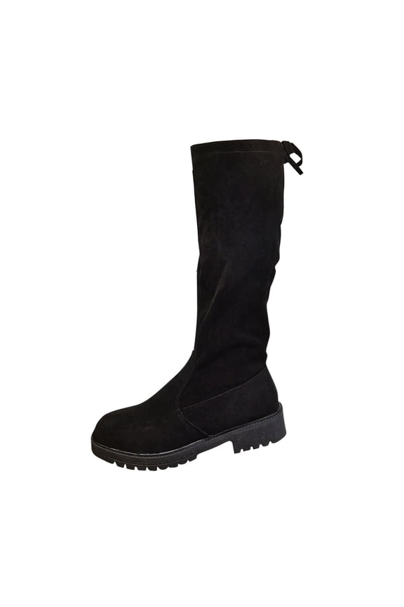 Black Knee High Boots for Women Wide Calf Comfortable Round Toe Casual Winter Boots with Side Zipper