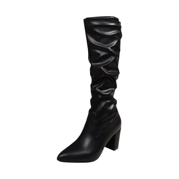 Wensltd Black Low Heel Knee High Boots for Women Round Toe Belt Buckle Trendy Long Boots Fall Shoes