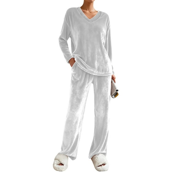 Wensltd Black Pajama Set for Women Solid Color Long Sleeve Long Pants Fleece Sleepwear Warm Cozy Autumn Winter Thick Outfit