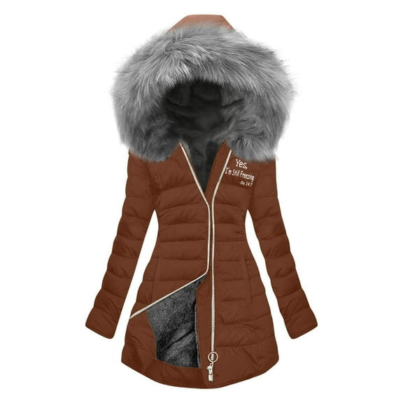 Wensltd Brown Hooded Cotton Padded Coat for Women Fleece Lined Long Sleeve Warm Jacket Zip Up