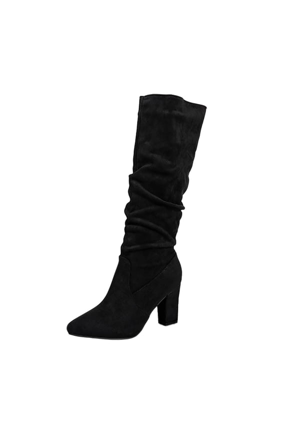 Brown Suede Knee High Boots for Women Chunky High Heel Fashion Tall Boot Round Toe Side Zipper