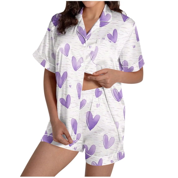 Wensltd Button Up Pajamas for Women Heart Print Collared Short Sleeve Top and Shorts Soft Valentine's Day Purple M