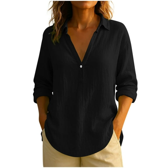 Wensltd Casual Linen Top for Women Solid Color Lapel Long Sleeve Button V-Neck Tops