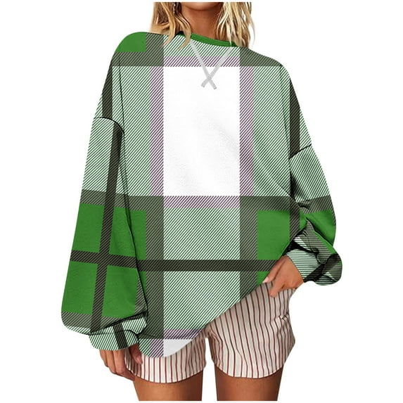 Wensltd Casual Sweatshirts for Women Crew Neck Fall Spring Long Sleeve Pullover Plaid Tops