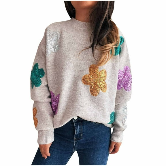 Wensltd Casual Women Fall Sweater Long Sleeve Knit Pullover Loose Crewneck Lightweight Warm White Sweater