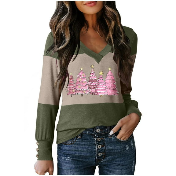 Wensltd Christmas Color Block Print V-Neck Blouse Women Long Sleeve Pullover Spring Fall Top