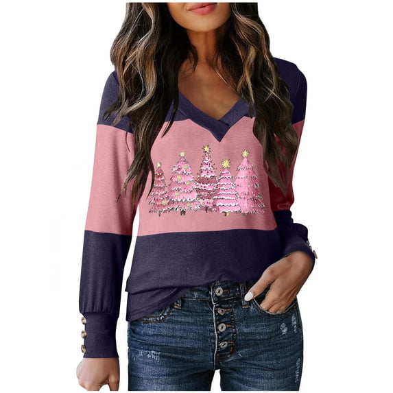 Wensltd Christmas Color Block Print V-Neck Blouse Women Long Sleeve Pullover Spring Fall Top