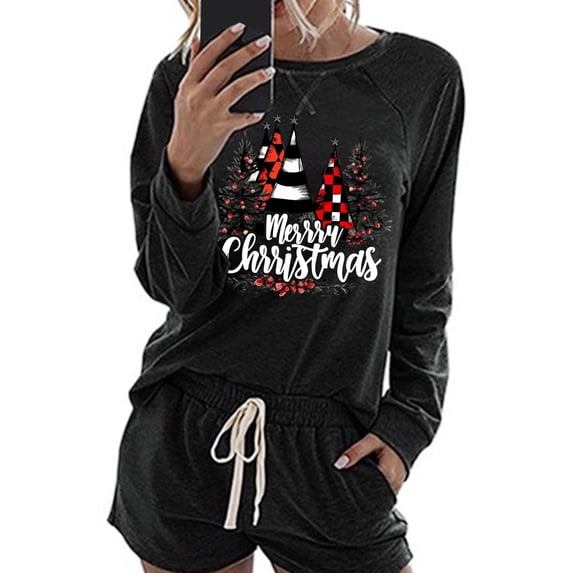 Wensltd Christmas Pajamas Set for Women Short Sleeve Top and Shorts Holiday Cozy Family Matching Sleepwear Black