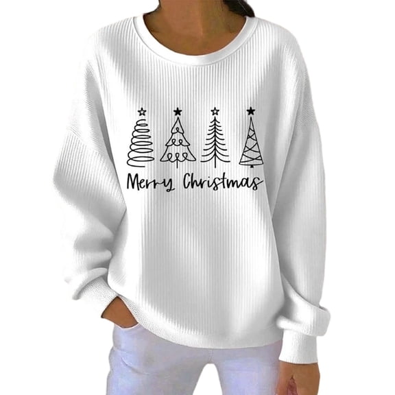 Wensltd Christmas Print No Hood Blouse for Women Long Sleeve Crew Neck Ribbed Knit Pullover
