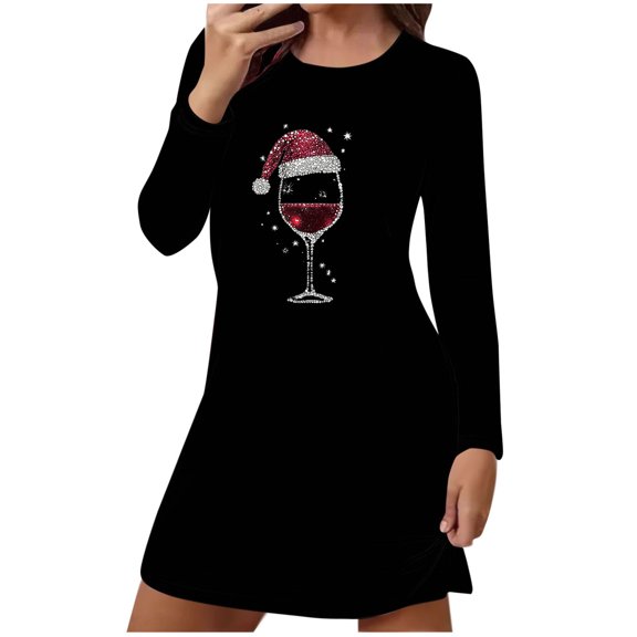 Wensltd Christmas Printed Short Long Sleeve Nightdress for Women Crew Neck Loose Fit Festive Soft Comfortable Sleepwear for Holiday