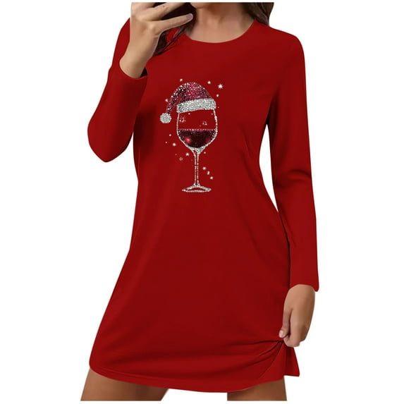 Wensltd Christmas Printed Short Long Sleeve Nightdress for Women Crew Neck Loose Fit Festive Soft Comfortable Sleepwear for Holiday
