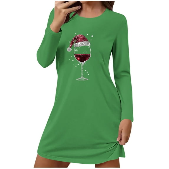 Wensltd Christmas Printed Short Long Sleeve Nightdress for Women Crew Neck Loose Fit Festive Soft Comfortable Sleepwear for Holiday