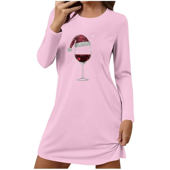 Wensltd Christmas Printed Short Long Sleeve Nightdress for Women Crew Neck Loose Fit Festive Soft Comfortable Sleepwear for Holiday