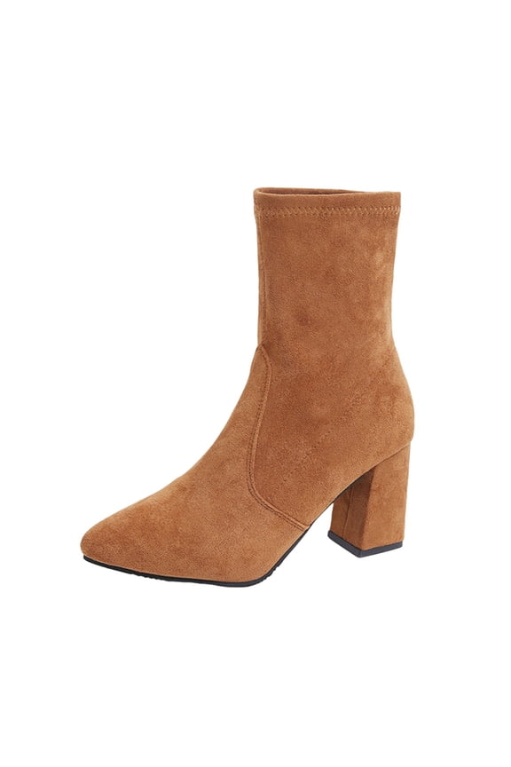 Chunky Ankle Boots for Women Pointy Toe Fall Winter Suede Short Booties with Side Zipper