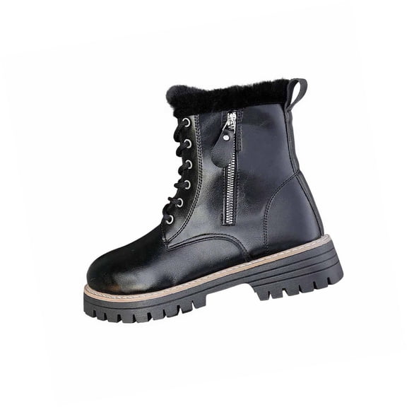 Wensltd Chunky Boots Women British Style Lace Up Side Zip Warm Lined Comfort Fashion Shoes