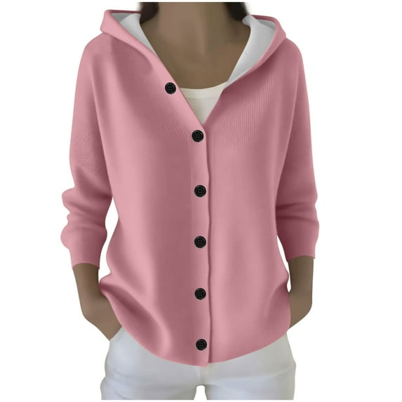 Wensltd Crew Neck Long Sleeve Hooded Cardigan for Women Solid Color Casual Fashion Button Down Outerwear Jacket