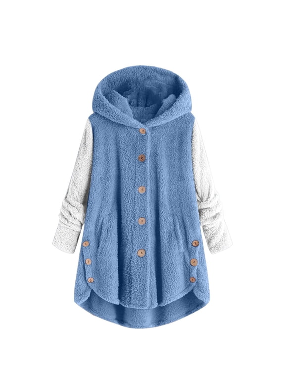 Double-Sided Fleece Coat for Women Color Block Hooded Jacket with Button Front Casual Cozy Outerwear
