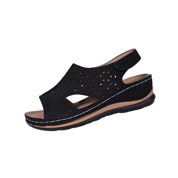 Wensltd Dressy Sandals for Women Casual Spring Summer Versatile Beach Wedge Solid Color Round Toe Soft Sole Sandals Black