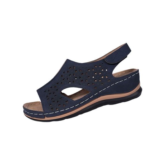 Wensltd Dressy Sandals for Women Casual Spring Summer Versatile Beach Wedge Solid Color Round Toe Soft Sole Sandals Navy