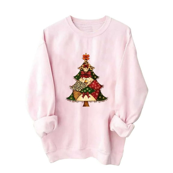 Wensltd Drop Shoulder Sweatshirt for Women Christmas Print Long Sleeve Round Neck Casual Loose Fit Top Pink