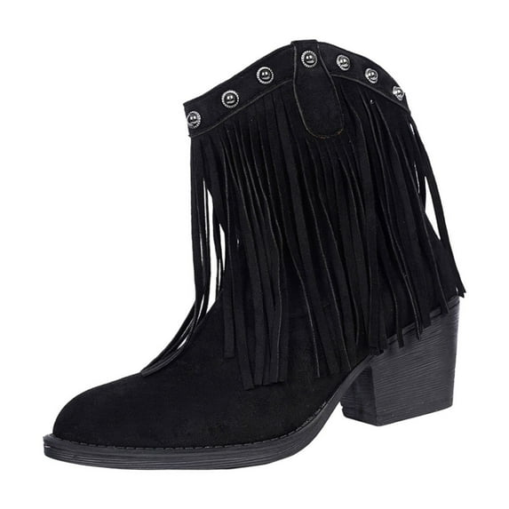 Wensltd Fall Shoes for Women Fashion Casual Trendy Winter Chunky Heel Tassel Suede Ankle Boots Black
