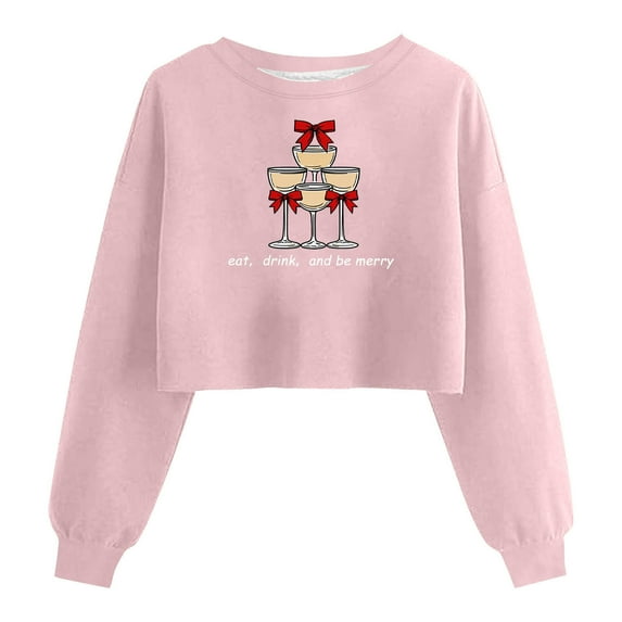 Wensltd Fall Tops for Women Pink Long Sleeve Fashion Lightweight Loose Fit Christmas Print T-Shirt