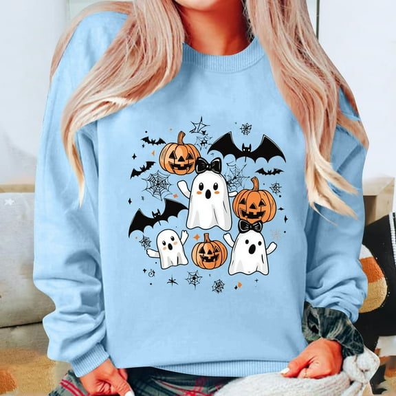 Wensltd Fall V Neck Sweatshirt for Women Funny Halloween Long Sleeve Graphic Family Party Tops
