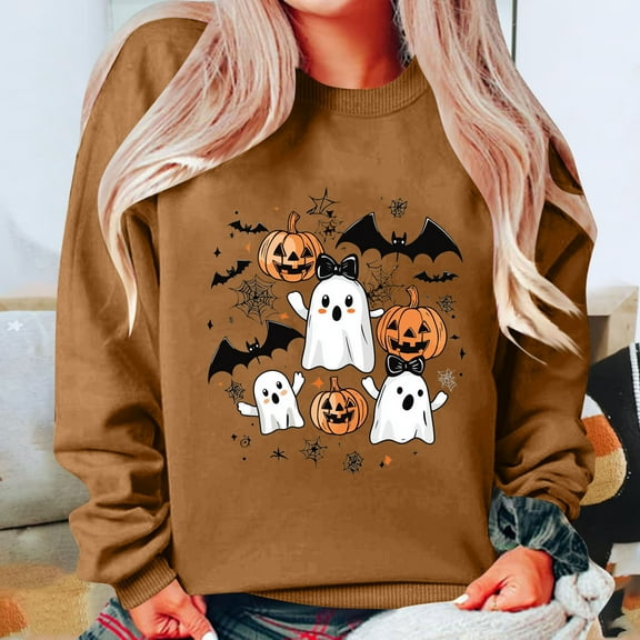 Wensltd Fall V Neck Sweatshirt for Women Funny Halloween Long Sleeve Graphic Family Party Tops