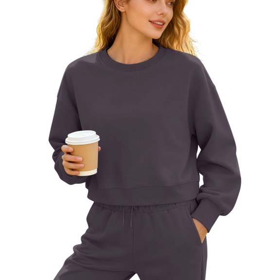 Wensltd Fashion Basic Short Sweatshirts for Women Long Sleeve Casual Pullover for Spring Fall Solid Color Loose Fit Outfit