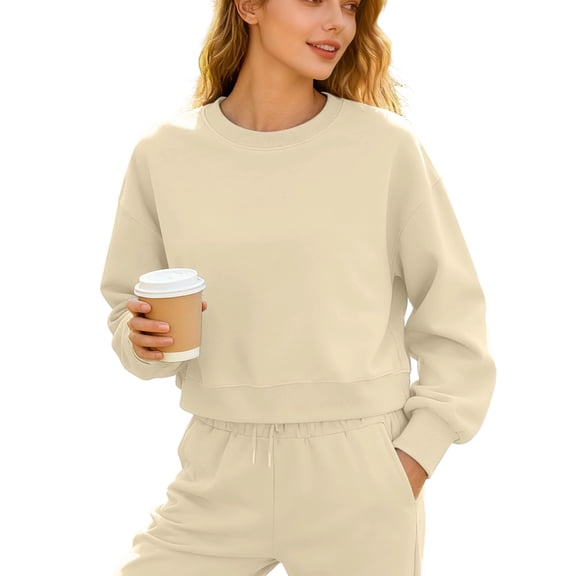 Wensltd Fashion Basic Short Sweatshirts for Women Long Sleeve Casual Pullover for Spring Fall Solid Color Loose Fit Outfit