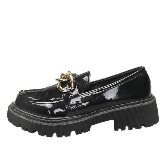 Wensltd Fashion Loafers for Women Black Solid Color Round Toe Chunky Heel Thick Sole Party Shoe