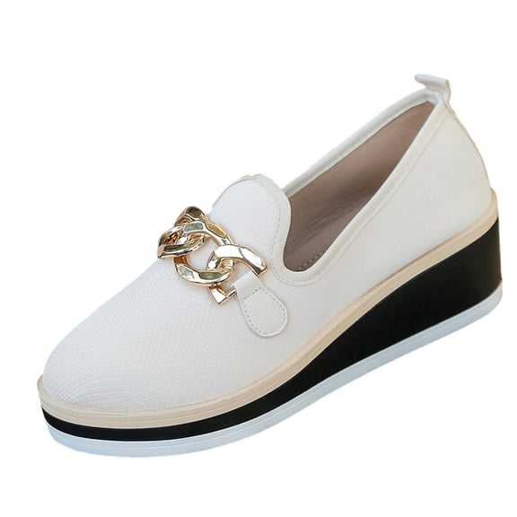 Wensltd Fashion Metal Chain Wedge Loafers for Women Plus Size Chunky Sole Versatile Walking Shoes Size 6-12
