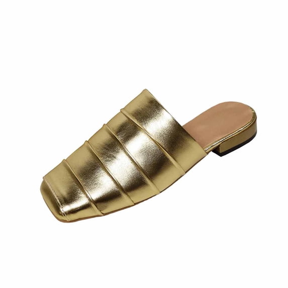 Wensltd Flat Sandals Women Square Toe Sandals Solid Color Closed Toe Lightweight Spring Summer Daily Outdoor Casual Slippers Gold