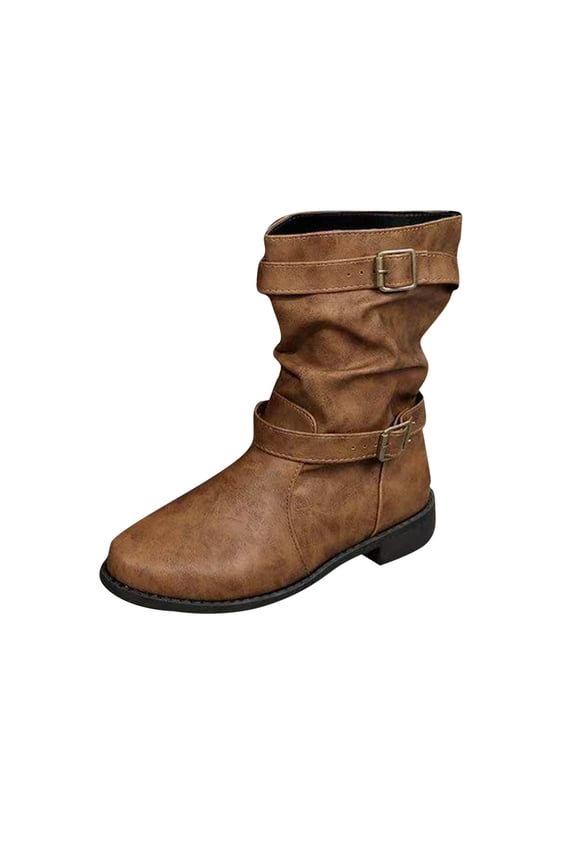 Flat Wide Calf Boots for Women Comfortable Round Toe Belt Buckle Fall Winter Short Booties