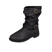 Wensltd Flat Wide Calf Boots for Women Comfortable Round Toe Belt Buckle Fall Winter Short Booties