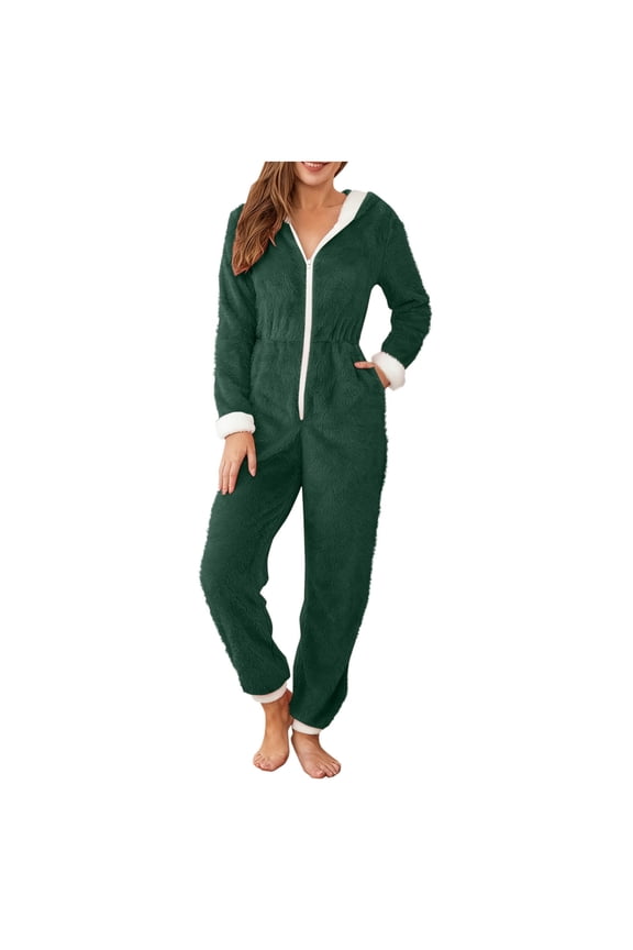 Fleece Long Sleeve Zip-Up Hooded Onesie Pajamas for Women with Pockets Warm Cozy Sleepwear Autumn Winter Indoor Outfit Multiple Sizes